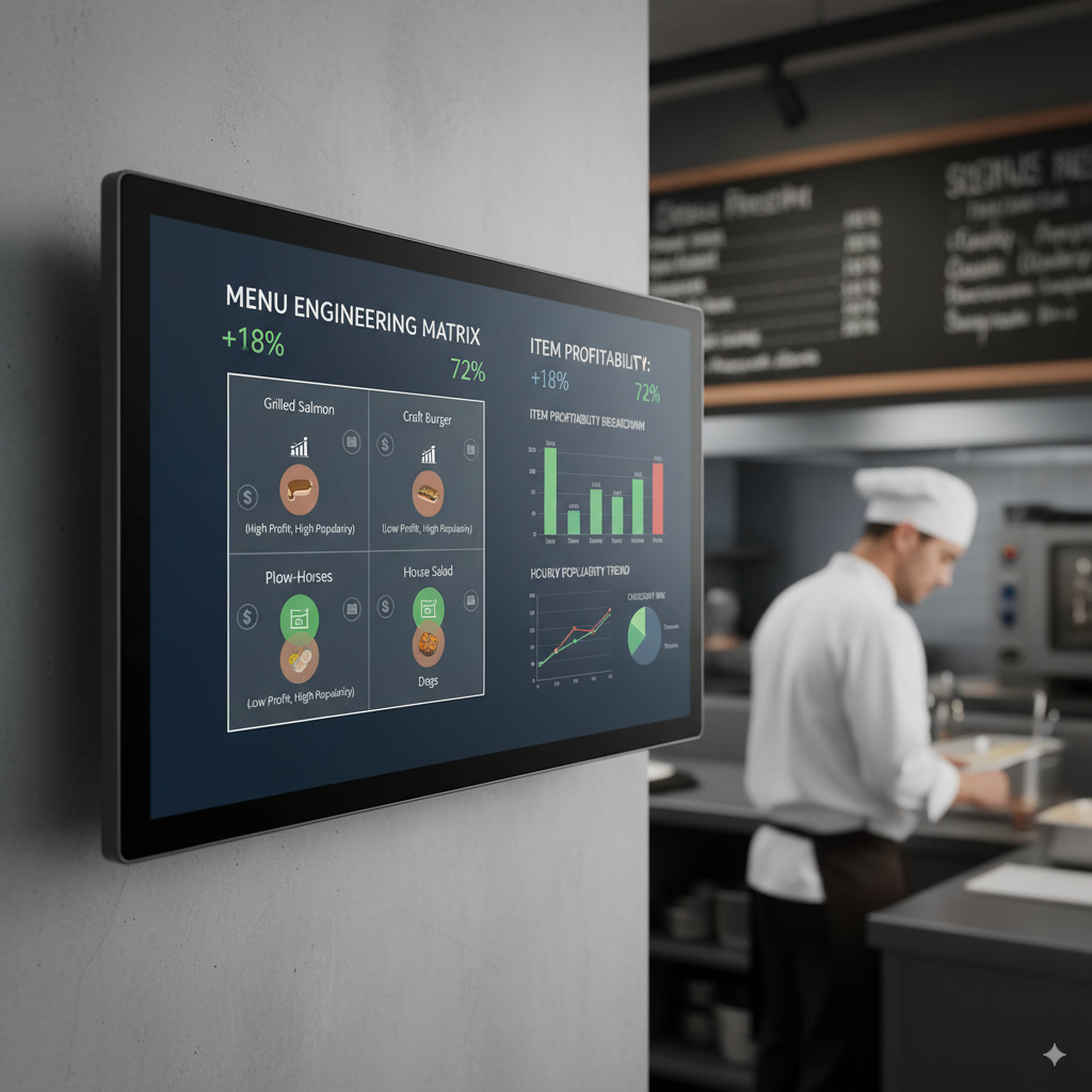 A dashboard showing a menu engineering matrix with item profitability and popularity.